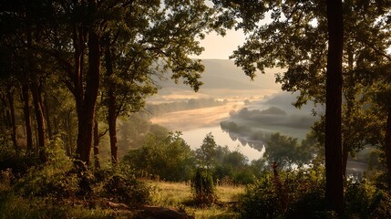 Early morning woods with mist drifting golden sunlight shining on leaves distant hills calm river no life visible natural scene
