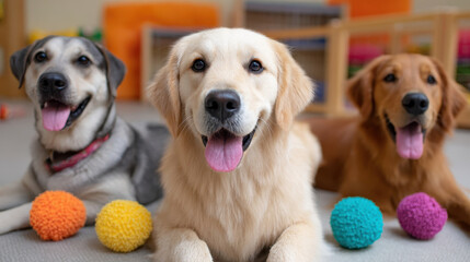 Happy dogs lying on floor with colorful soft balls in bright room, playful pets enjoying indoor activity together