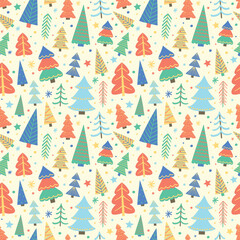 Christmas seamless pattern with cute cartoon trees and snowflakes. Wallpaper design. Vector illustration