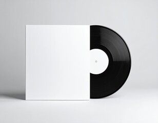Blank white record sleeve holding a black vinyl record