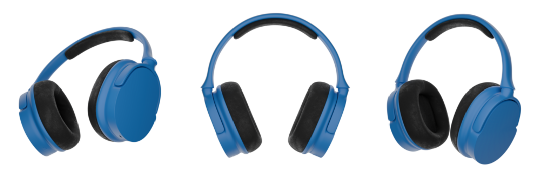Blue Wireless Headphones With Soft Ear Cushions in a Clean White Background Viewed From Different Angles