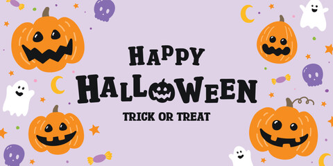 Cute Halloween banner with pumpkins, ghosts and skulls in retro style. Vector illustration