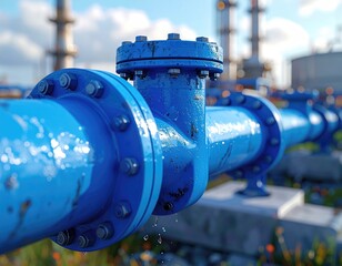 Close-up of a dripping blue industrial pipe joint, set against an industrial plant backdrop