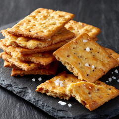 Fototapeta premium Stack of salted crackers on a slate surface, rustic and crispy.