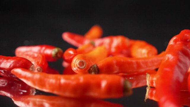 Slow motion shot of fresh Datil peppers falling and bouncing towards camera on black background. Premium Florida specialty pepper footage perfect for hot sauce commercials and gourmet content.