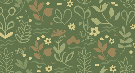 An elegant arrangement of simplified botanical leaf shapes and organic forms, creating a refreshing and harmonious seamless pattern, rendered in a clean and minimalist Flat Design aesthetic. 