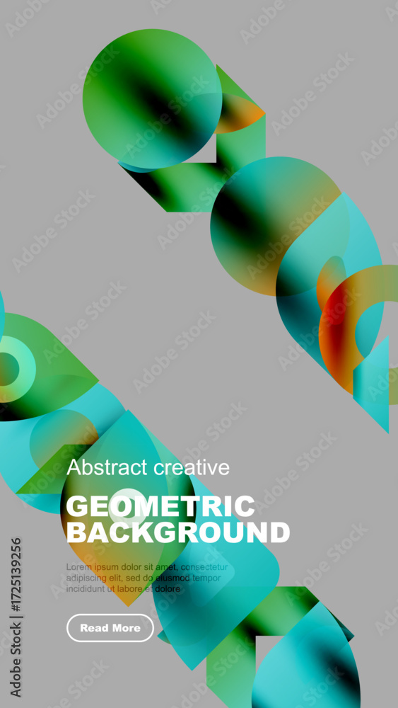 Poster abstract geometric shapes overlap, creating vibrant color gradients. text promotes creative backgrou