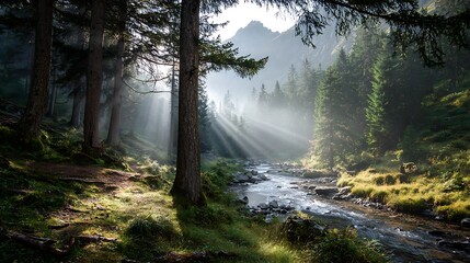 Obraz premium Foggy dawn in forest sunbeams shining between tree trunks distant mountains river flowing gently no animals peaceful wilderness