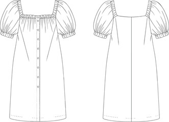 Women’s puff sleeve dress, square neckline, button front, fashion flat sketch, CAD apparel drawing, vector clothing design, front and back view