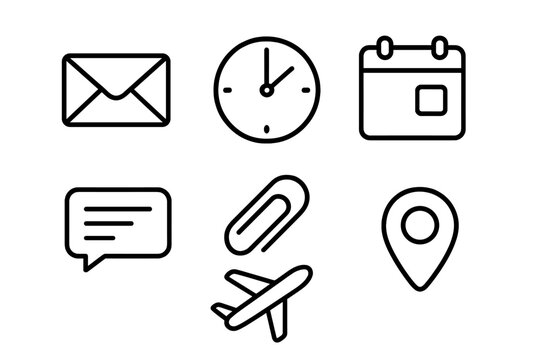 Collection of simple icons representing communication, time management, travel, and location tracking