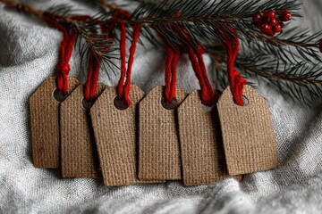 Rustic paper tags adorned with vibrant red twine displayed against a soft textured backdrop emphasizing elegance and warmth in a quintessentially festive setting
