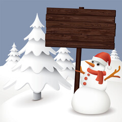 3D cute snowman holding blank wooden signboard post at snowland there are pine forest all around with night sky square background graphic illustration.