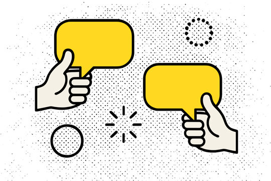 Colorful speech bubbles held by hands represent conversation and communication in a simple design