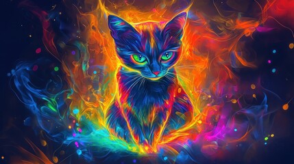 Colorful cat in flames
