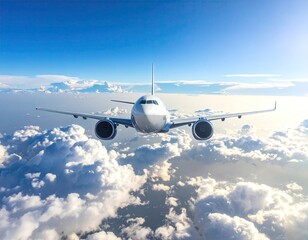 Naklejka premium Airplane Flying Above Fluffy Clouds Sunny Day