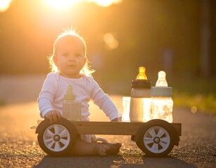 Baby in a Wooden Cart with Bottles.