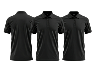 Three views of a dark gray polo shirt, showing front, back, and alternate front