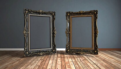 Two ornate frames lean against a wall