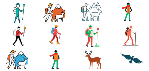 Diverse flat design illustrations of hikers and mountain wildlife in various outdoor adventures