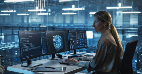 Seated in a High-Tech Data Center, Female Developer Works on an Futuristic AI Model, Managing Open Code Windows and Parameter Adjustments Across Multiple Screens, Focused on AI Optimization