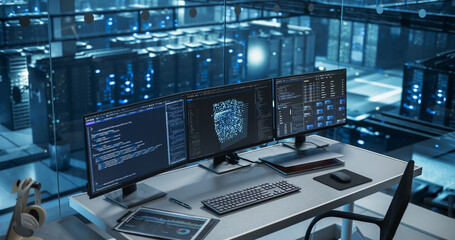 Modern Office Desk in a Data Center, Equipped with Multiple Monitors Displaying Complex AI Code and...