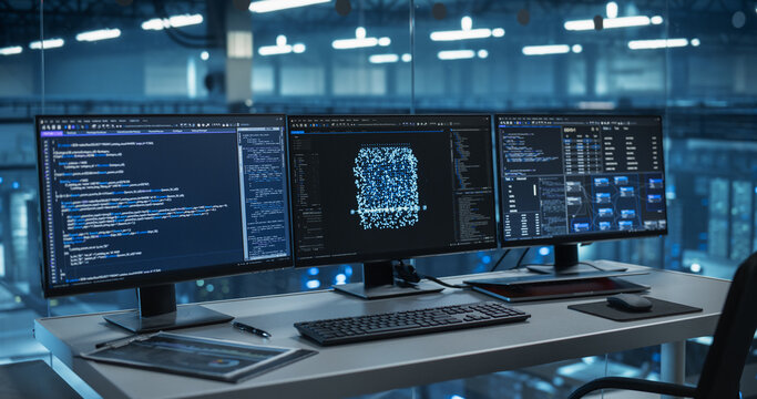 Modern Office Desk in a Data Center, Equipped with Multiple Monitors Displaying Complex AI Code and Data Visualizations, Ready for a Team of Developers to Dive In. Footage Without People