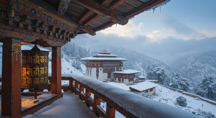 Naklejka premium Bhutanese Monastery Winter Festival, prayer wheel glowing under snowy roof