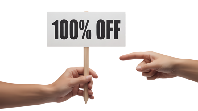 Realistic hand holding a 100 percent off discount sign with another hand pointing on transparent background