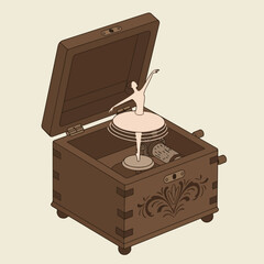 Open music box, brown, ballerina inside