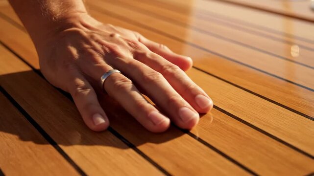 Hand With Wedding Ring Touches Teak Deck on a Yacht During Sunny Afternoon at Sea, Close Up