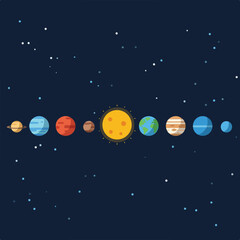 Naklejka premium Cartoonish solar system on dark background, planets aligned, small stars