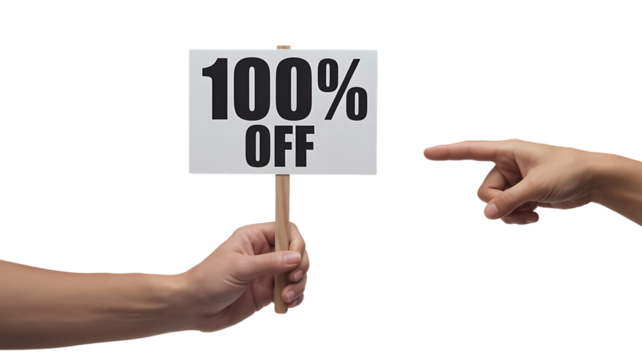 Realistic hand holding a 100 percent off discount sign with another hand pointing on transparent background