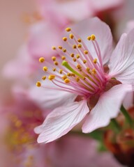 Fototapeta premium Pink Floral Purity: Ultra Macro of Delicate Flower Stamens and Pollen Grains, Capturing the Softness and Fragility of Nature's Detail. 