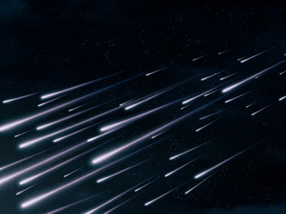 Powerful meteor stream in the night sky. Starfall on a dark background. Many fireballs isolated.