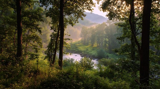 Early sunlight in foggy forest soft light filtering through branches distant gentle hills river running smoothly no animals no people