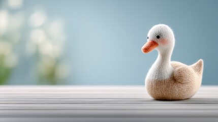 Knitted duck toy with orange beak sitting on wooden surface against soft blue background