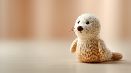 Knitted seal toy with whiskers sitting on wooden surface against soft beige background
