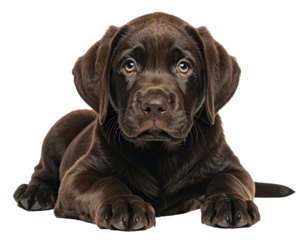 Chocolate Labrador puppy, lying down, looking directly at viewer (5)
