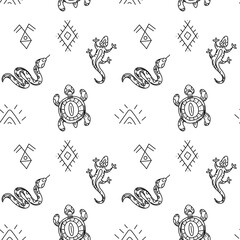 A pattern of desert animals and signs of native American settlements. Seamless texture in doodle style. Lizard, turtle, snake, painted with Indian motifs, silhouettes denoting nature. American Indians