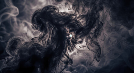 Fototapeta premium Abstract dark swirling smoke or ink clouds against a dramatic bright light background