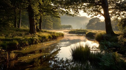 Early morning woodland with floating mist golden sunlight shining on tree trunks distant hills calm flowing river untouched scene