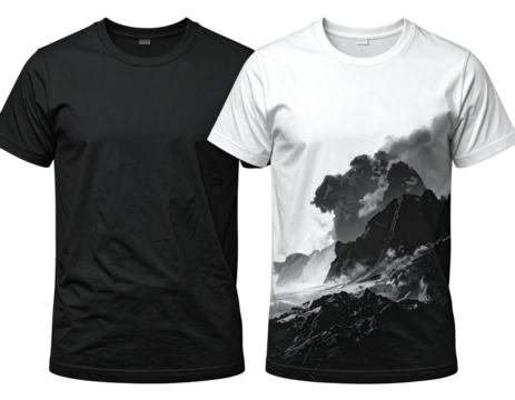 Two black and white t-shirts; one plain black, one graphic design of dramatic landscape