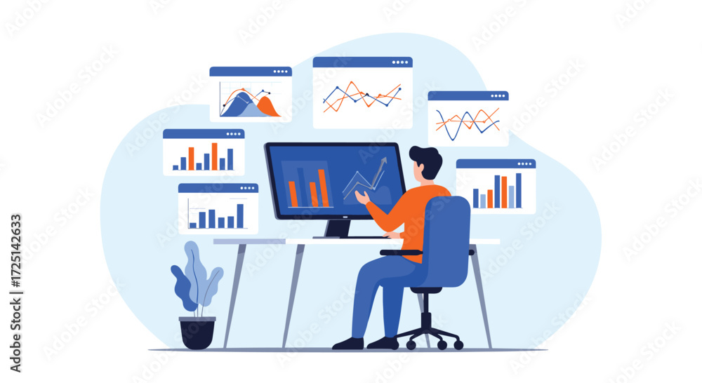 Poster man analyzing financial charts and graphs on computer screen in modern office vector