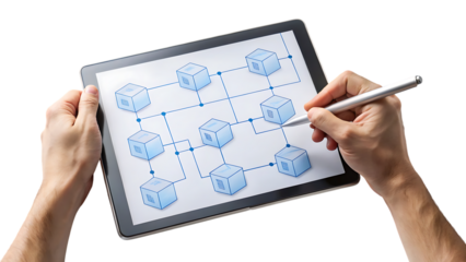 Hand, using stylus to interact with blockchain network diagram on tablet, cutout, PNG isolated on transparent background