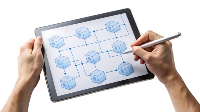 Hand, using stylus to interact with blockchain network diagram on tablet, cutout, PNG isolated on transparent background
