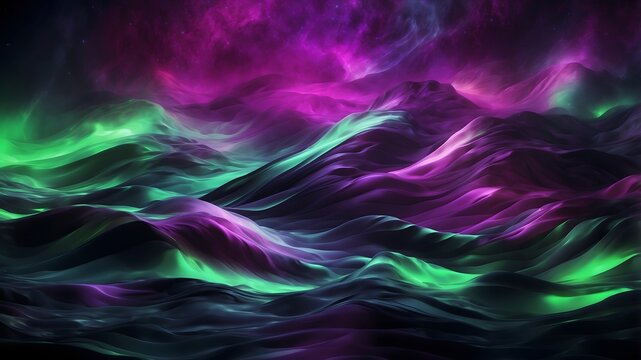 Abstract aurora borealis with vibrant green and purple light waves, futuristic neon sky background, glowing northern lights wallpaper for modern digital art and design