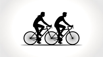 Obraz premium Couple cycling silhouette vector illustration of man and woman riding bicycles together on white background