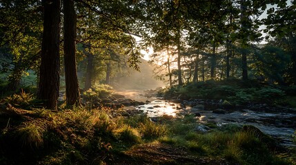 Fototapeta premium Early forest sunrise with light mist warm sunlight lighting leaves distant hills river calmly flowing no animals peaceful nature