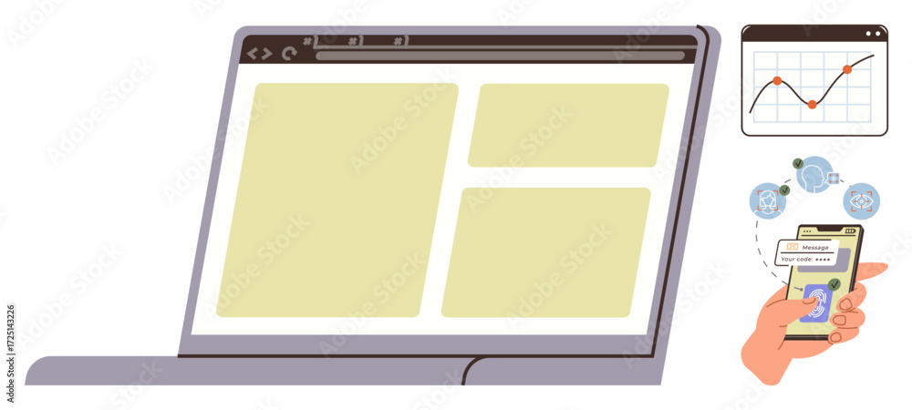 Poster laptop interface with a web page, graph, mobile device with notifications, and cloud icons. ideal fo