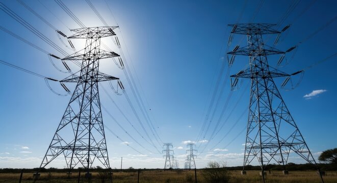 Tall Power Line Towers Against Blue Sky Landscape